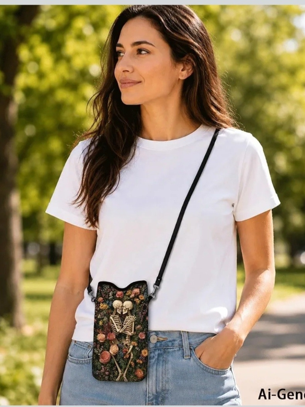 Floral Skeleton Crossbody Phone Pouch - Black Strap - Picture 4 of 6
